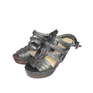 COACH Wooden Wedge Black Gladiator Leather Sandals Size 6 NEW